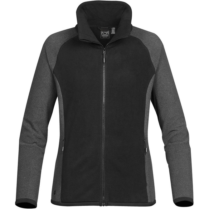 A women's microfleece jumper in black and grey, featuring a zip front and a brand logo.