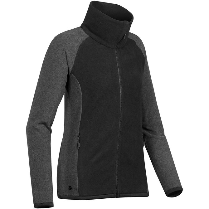 A women's microfleece jumper in grey and black, featuring a high collar and side pockets. The garment has a logo.