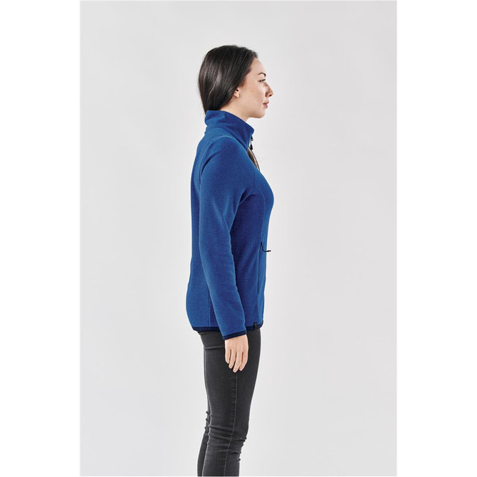 A side view of a women's full zip jacket in blue, featuring a collar and a logo.