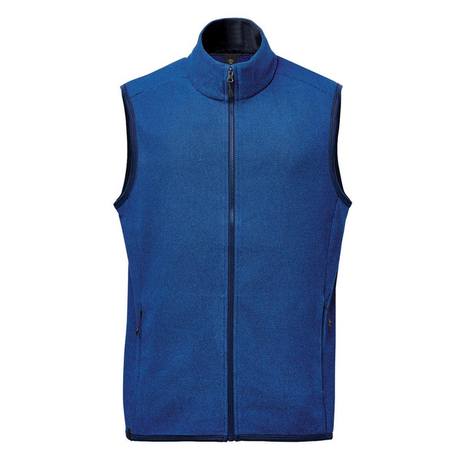 A blue vest with a high collar, featuring zippered pockets and a branding logo.