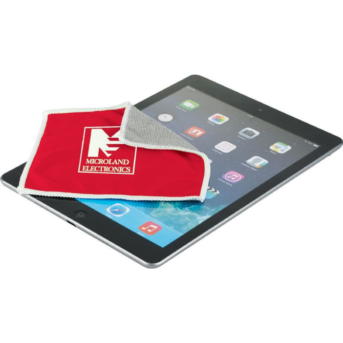 A red tech screen cleaning cloth is resting on a tablet device, featuring a logo.