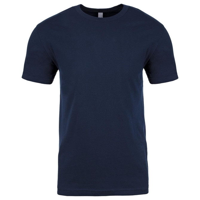 A navy blue short-sleeved cotton crew t-shirt with a round neckline, featuring a logo on the label.