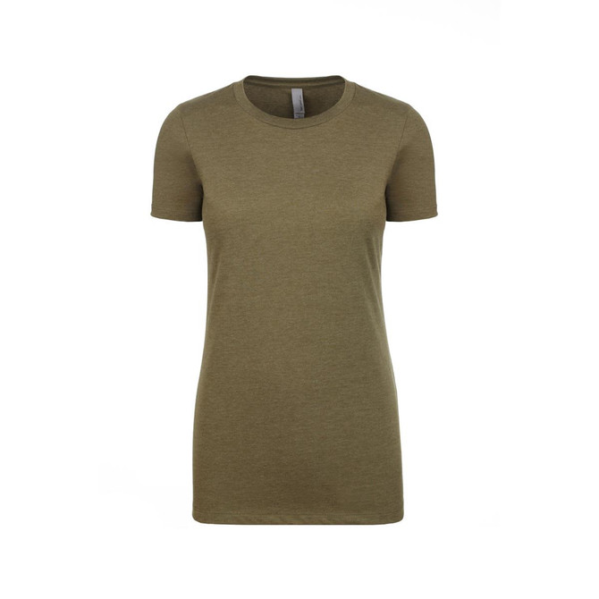 A women's crew t-shirt in olive green, featuring a fitted style and short sleeves. It has a logo on the label.