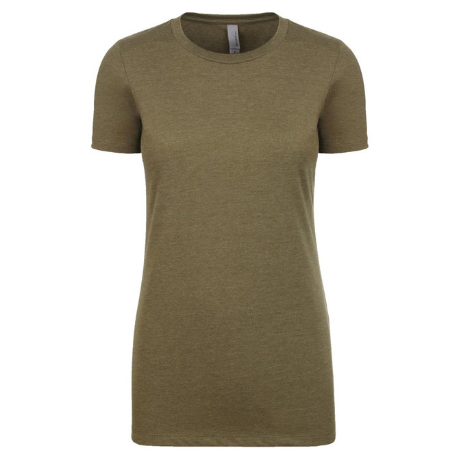 A short-sleeved women's t-shirt in olive green with a crew neckline and a branded label.