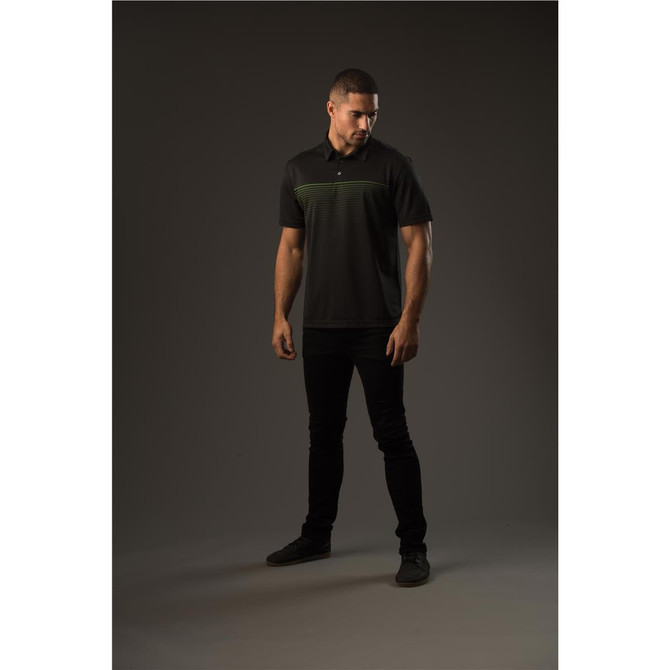 A man's black polo shirt with green stripe detailing is displayed on a model in a neutral background.