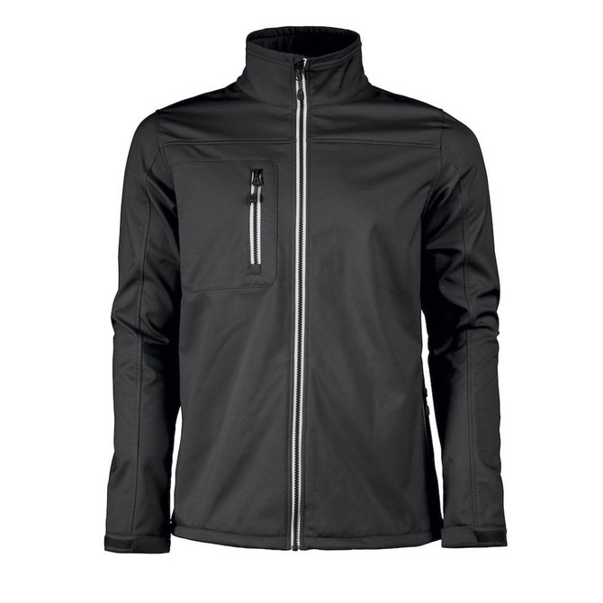 A men's softshell jacket in black with a zippered front and a chest pocket, featuring a logo.