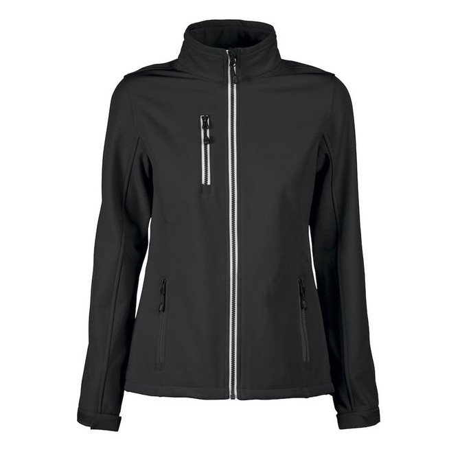 A black women's softshell jacket with a high collar, zippered pockets, and a front zipper. It features a logo.
