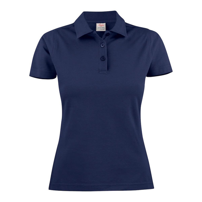 A navy women's cotton polo shirt featuring a collar and buttons, with a logo on the label.