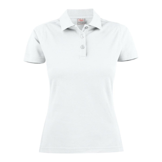 A light grey women's cotton polo shirt with a collared neckline and three buttons, featuring a logo.