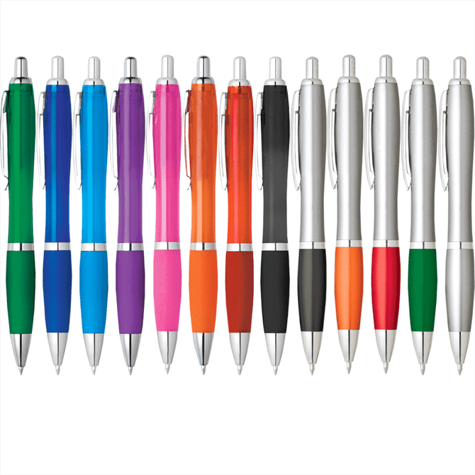 A collection of plastic pens in various colours, including blue, purple, orange, black, and green, with silver accents.