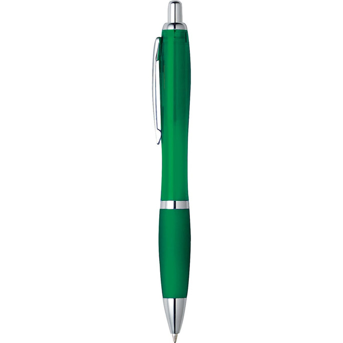 A plastic pen with a green barrel and silver accents, featuring a clip and a comfortable grip.