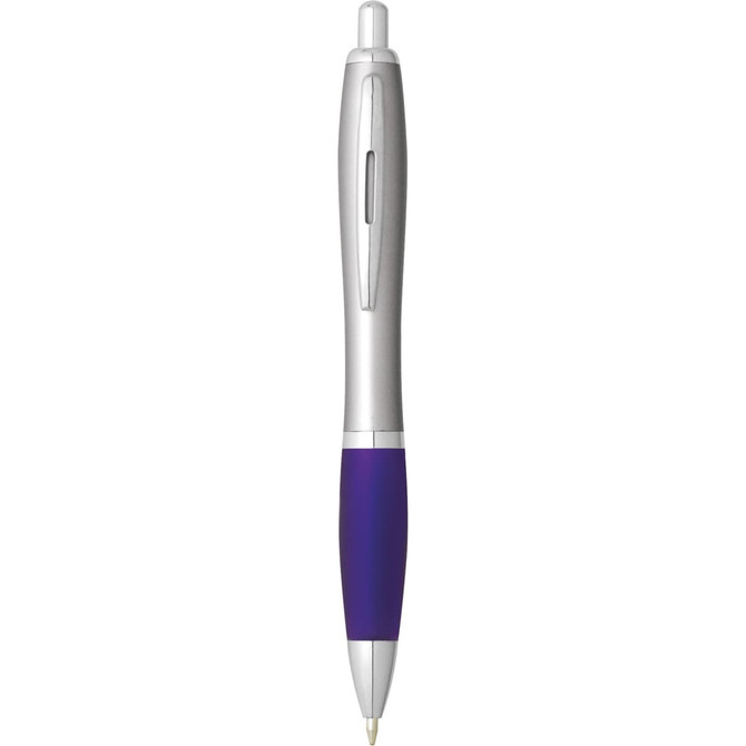 A plastic pen featuring a silver body with a purple grip and a clip, showcasing a sleek and modern design.