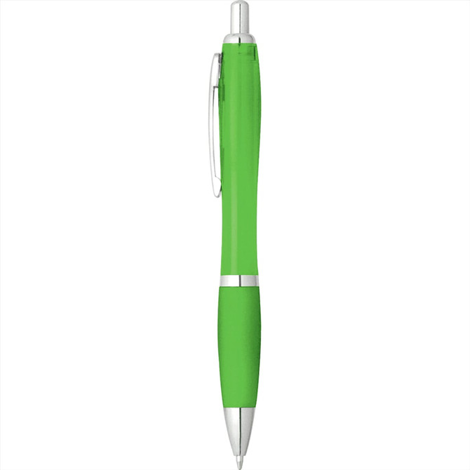 A plastic pen in bright green with a silver clip and tip. It features a branding logo.