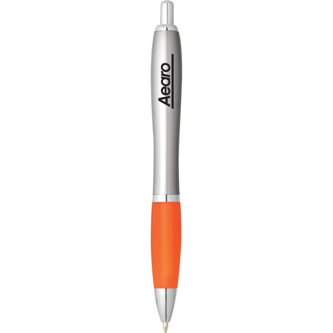 A silver and orange plastic pen with a branding logo.