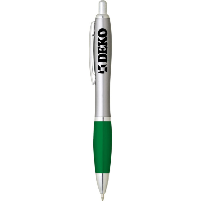 A plastic pen featuring a silver barrel and green grip with a logo on the side.