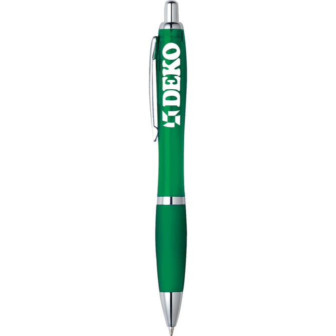 A green plastic pen with a silver clip and a branding logo on the side.