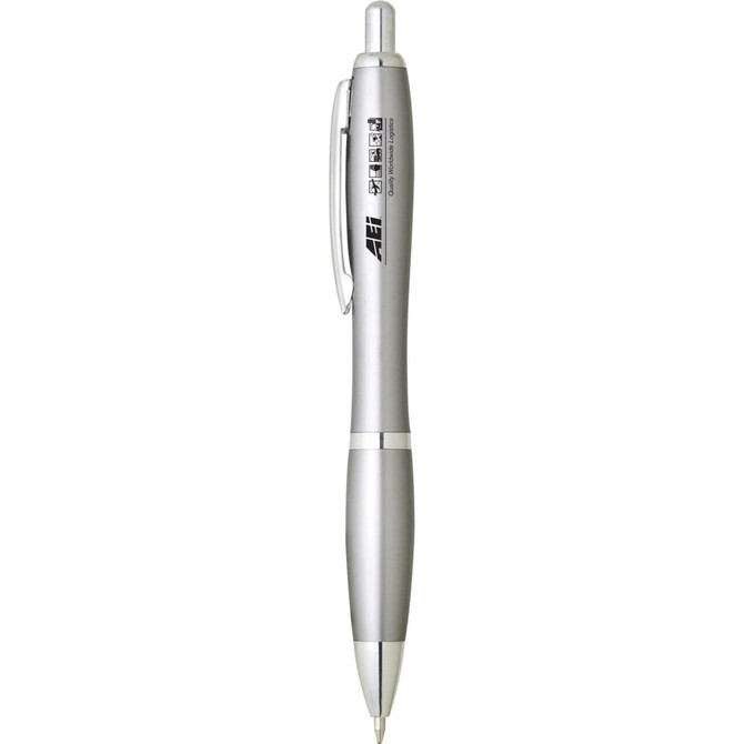 A silver plastic pen with a sleek design and a clip, featuring a logo on the side.