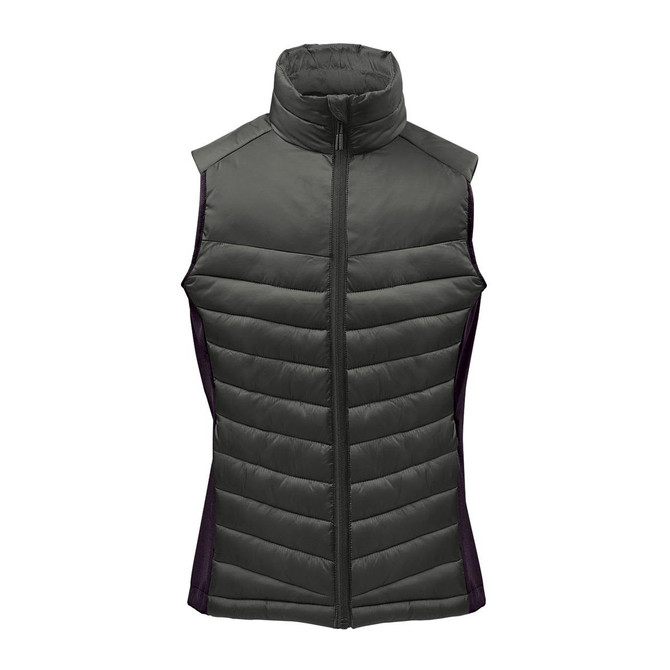 A thermal vest in dark green with a high collar and quilted design, featuring side panels in a contrasting colour.