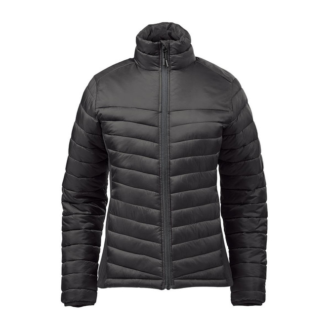 A women's thermal jacket in black, featuring a zip front and a stylish chevron design. It has a high neck and a branding logo.