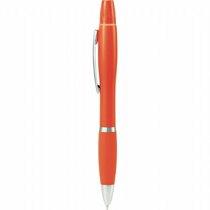 An orange pen with a silver clip and grip, designed for writing. It features a logo on the barrel.