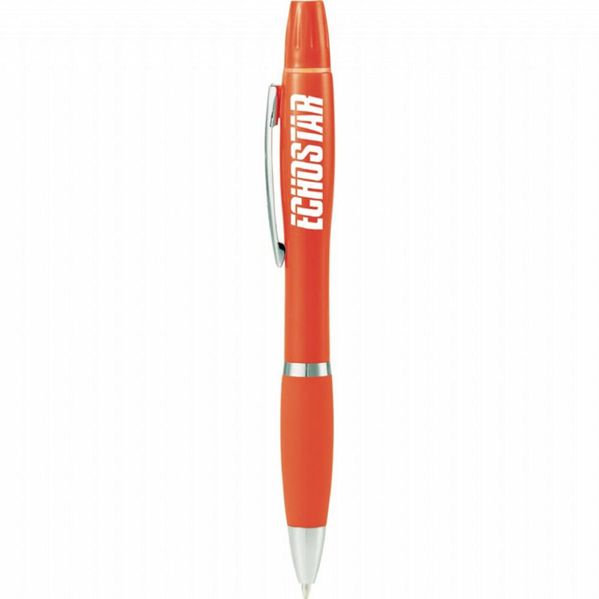 An orange pen with a silver trim and a logo on the barrel.