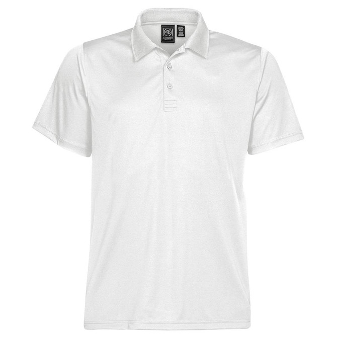 A white polo shirt featuring a collar, short sleeves, and a logo. Ideal for casual or smart-casual occasions.