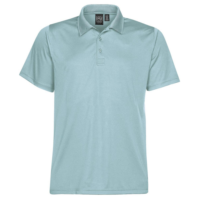 A light blue Men's Eclipse Pique Polo shirt with a classic polo collar and a logo.