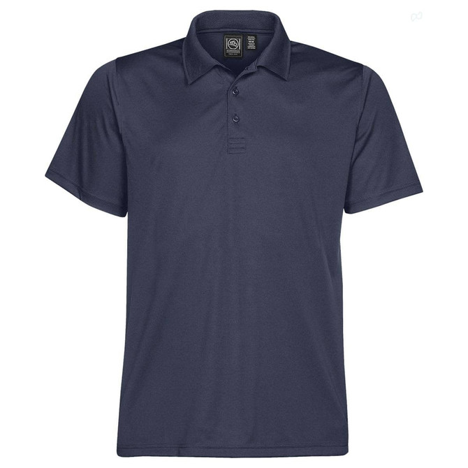 A navy blue men's polo shirt with a collar and buttons, featuring a logo on the chest.