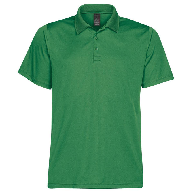 A green men's polo shirt with a classic collar, featuring a branding logo on the chest.