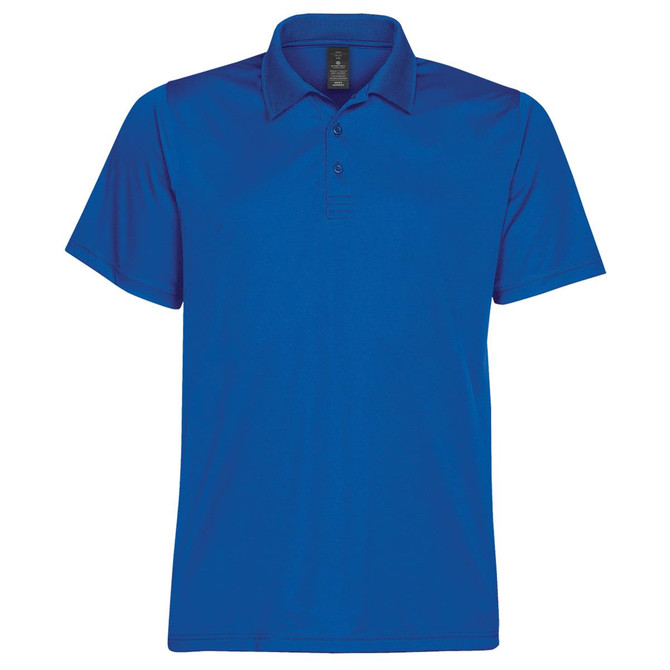 A blue men's polo shirt featuring a collar and button placket, with an attached logo.