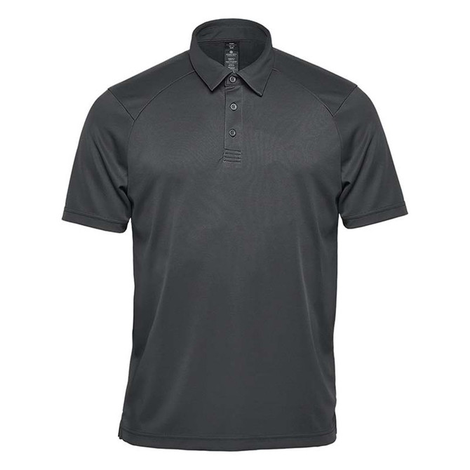 A dark grey men's polo shirt with a collar and a logo on the chest.