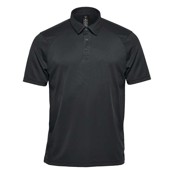 A black men's polo shirt with a collar, featuring short sleeves and a logo on the chest.