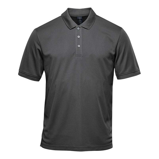 A dark grey men's polo shirt with a collar and three buttons, featuring a logo on the chest.
