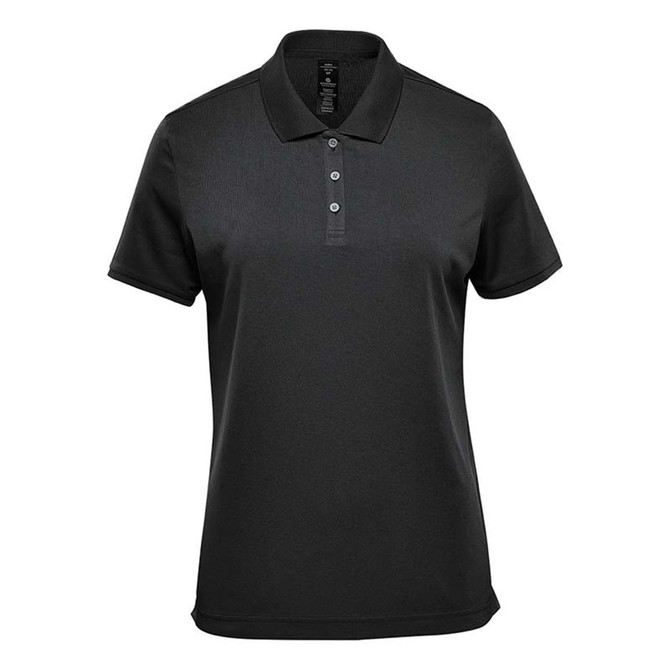A black women's sports polo shirt with a collar and buttons, featuring a logo on the front.
