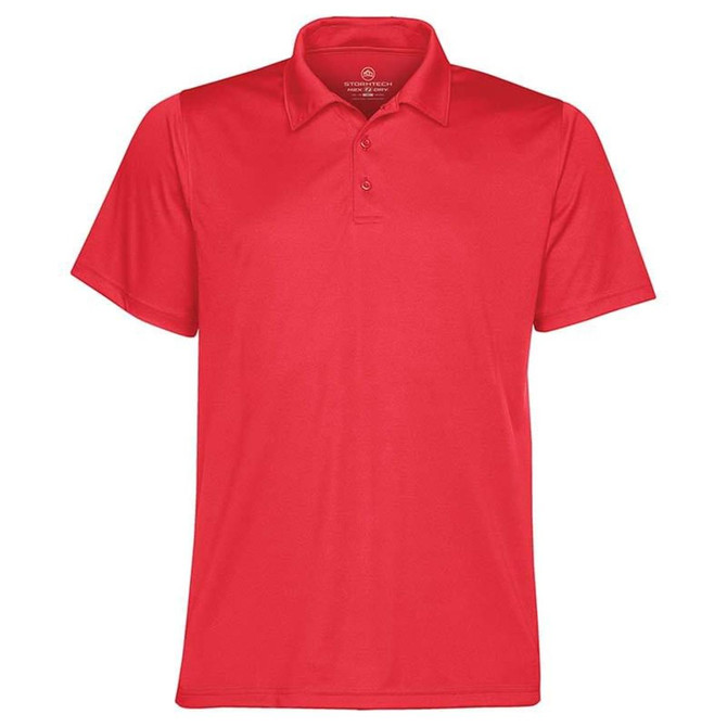 A red polo shirt with a collar and short sleeves, featuring a logo. Suitable for casual wear.