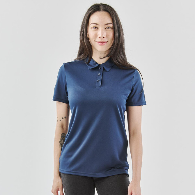 A navy blue women's polo shirt with a collar and short sleeves, featuring a logo.
