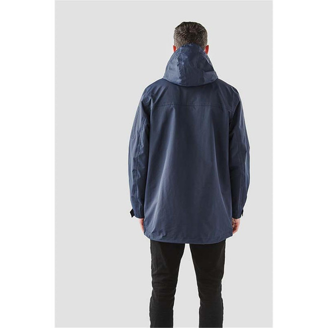 A navy men's jacket featuring a hood, shown from the back, with a simple design and logo branding.