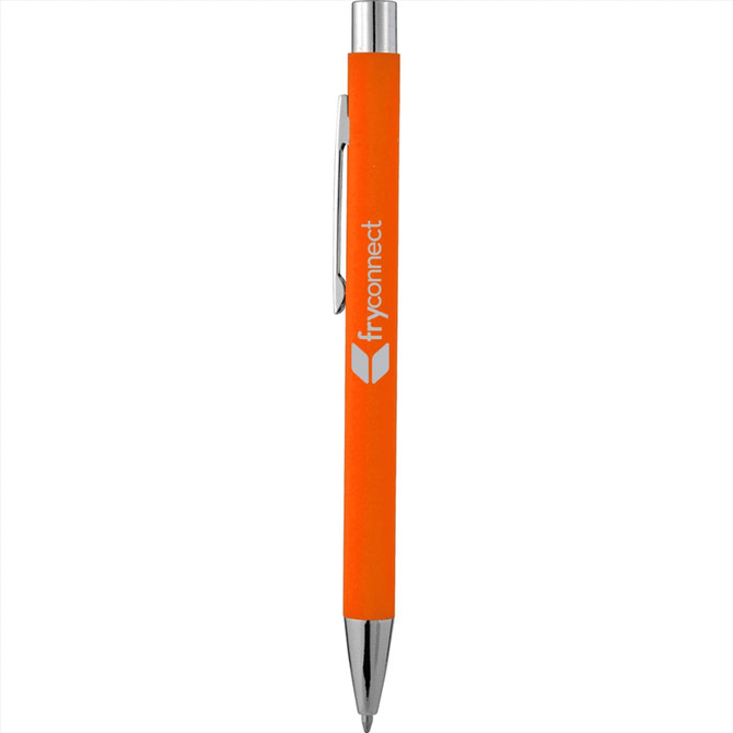 An orange soft touch metal pen with a silver clip and a logo.