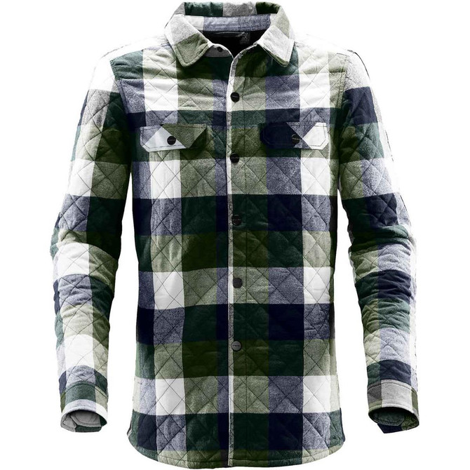 A men's shacket in a green and white checkered pattern with long sleeves and a branding logo.