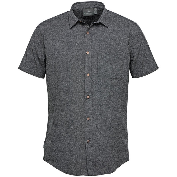 A short-sleeve, button-up shirt in a dark grey colour with a single chest pocket and branded label.