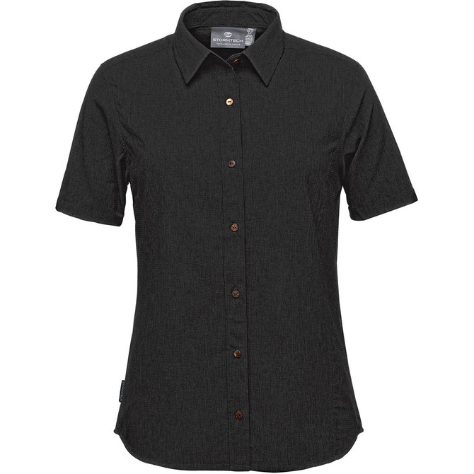 A black women's button-up shirt with short sleeves, featuring a textured pattern and a logo tag.