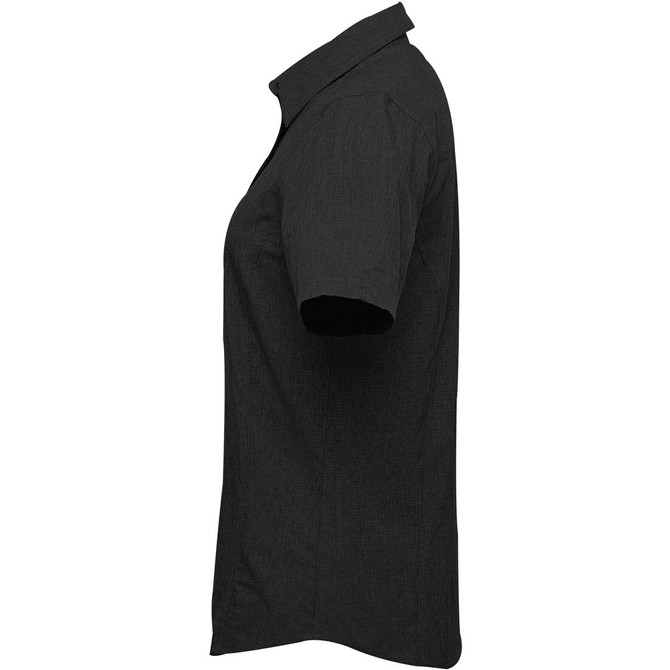 A black women's button-up shirt with a collar and short sleeves. It features a logo on the design.