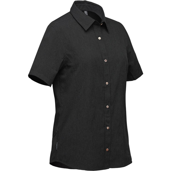 A black button-up shirt with short sleeves and a collar, featuring a logo on the side.