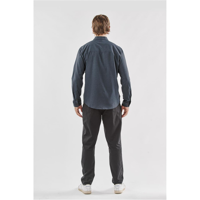 A men's long-sleeve quick dry shirt in dark blue, featuring a collar and a logo on the back.