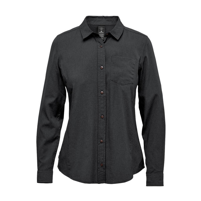 A dark green women's button-up shirt with long sleeves and a single chest pocket. It features a logo on the label.