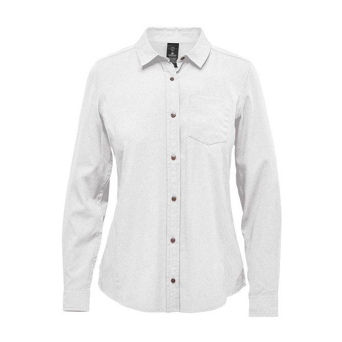 A women's button-up shirt in light grey with a chest pocket and wooden buttons. Features a logo.