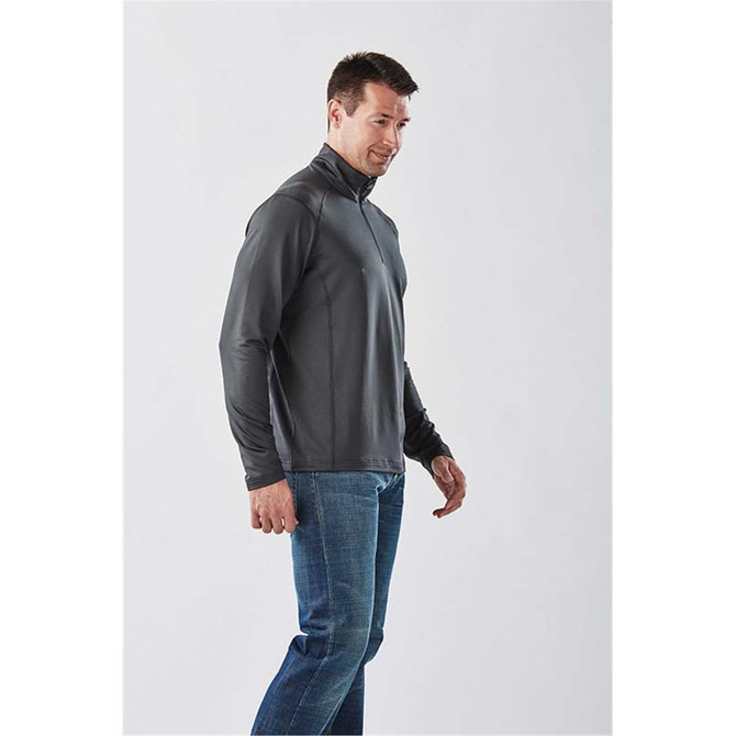 A long sleeve men's 1/4 zip shirt in grey, featuring a fitted design and a logo.