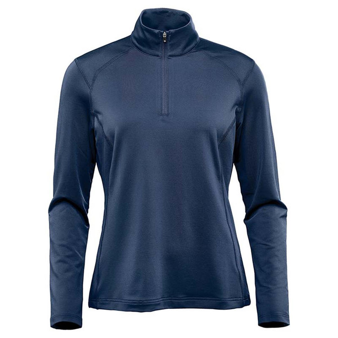 A navy long sleeve jumper featuring a quarter zip design and a logo on the chest.