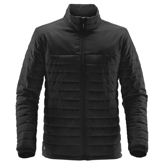 A black quilted jacket with a zip front, featuring a minimalist design and long sleeves. It has a logo on the side.