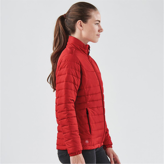 A red women's quilted jacket is shown, featuring a high collar and elasticated cuffs, with a logo visible.